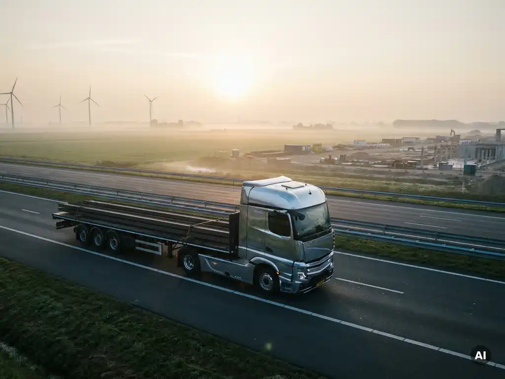 Emissievrije vrachtwagen met stalen constructiebalkens op Nederlandse snelweg bij dageraad, windturbines zichtbaar aan de horizon.