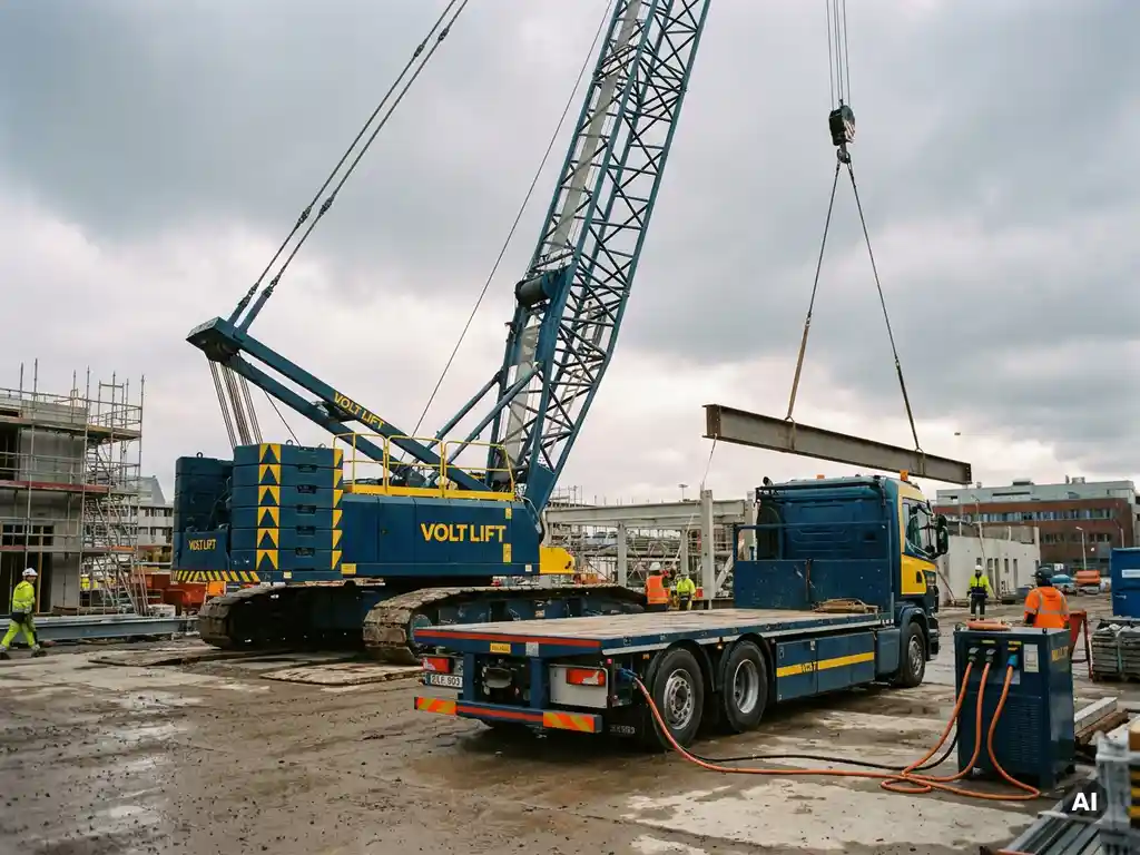 Elektrische kraan tilt stalen balk op industriële bouwplaats, elektrische vrachtwagen met laadkabels geparkeerd eronder.