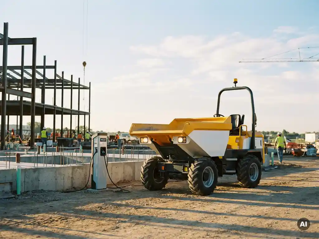 Elektrische heftruck oplaadend op bouwplaats met betonnen fundering en staalconstructie op zonnige ochtend.