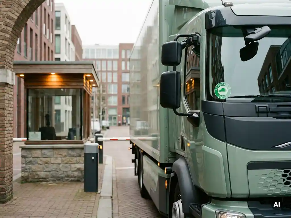 Elektrische vrachtwagen met groen emissiezone-sticker rijdt door stedelijke toegangspoort in Nederlandse stad.