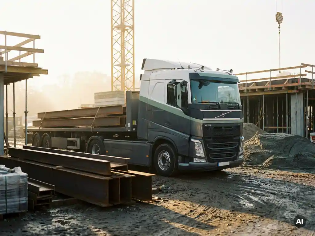 Elektrische zware vrachtwagen met stalen bouwbalken op actieve bouwplaats, kraan op achtergrond, gouden ochtendlicht.