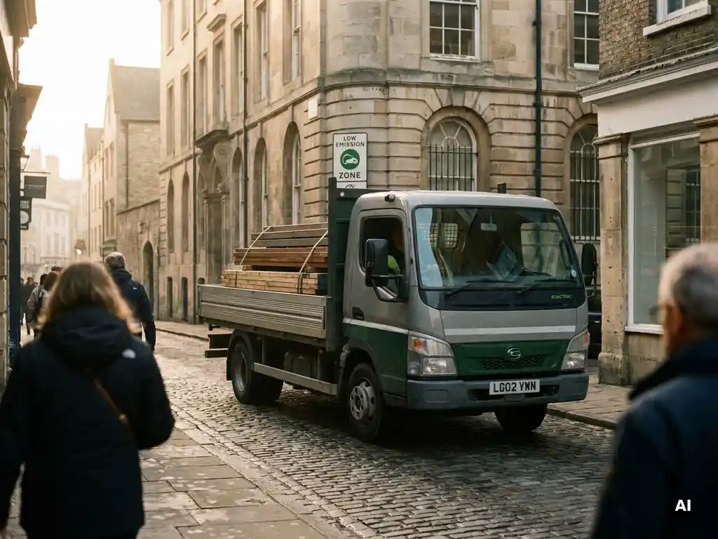 Elektrische vrachtwagen met bouwmaterialen rijdt door smalle, historische grachtenstraat in lage-emissiezone bij ochtendlicht.
