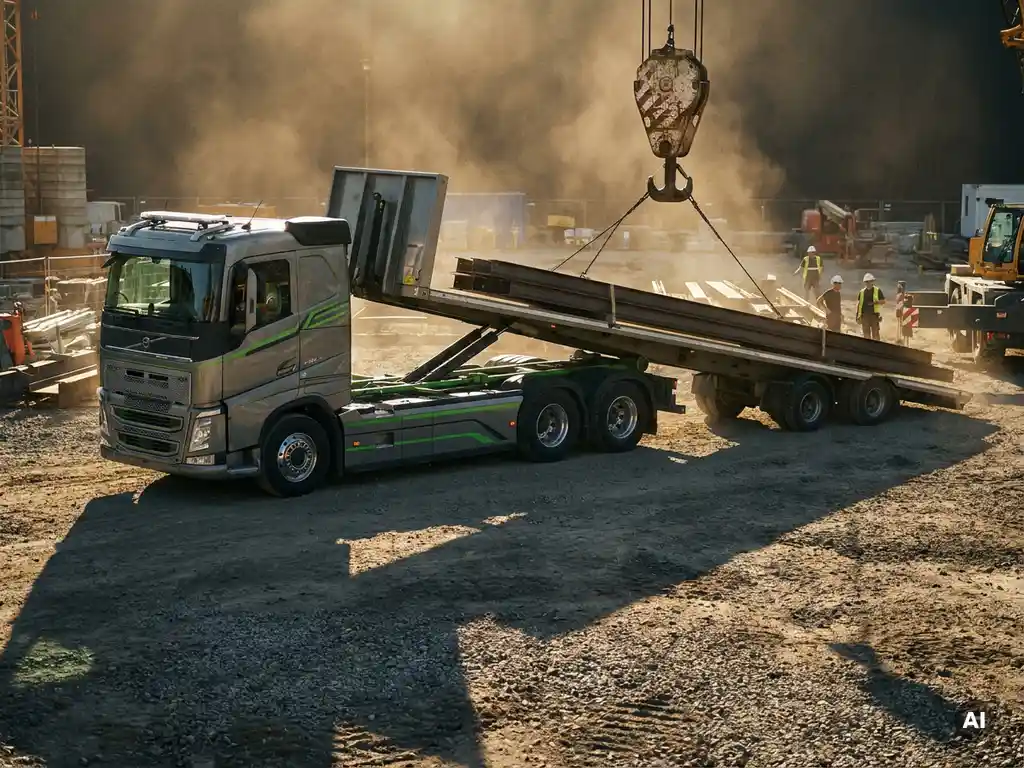 Elektrische zware vrachtwagen lost stalen constructiebalkjes op een actieve bouwplaats, kraanhaak zichtbaar, gouden middaglicht.