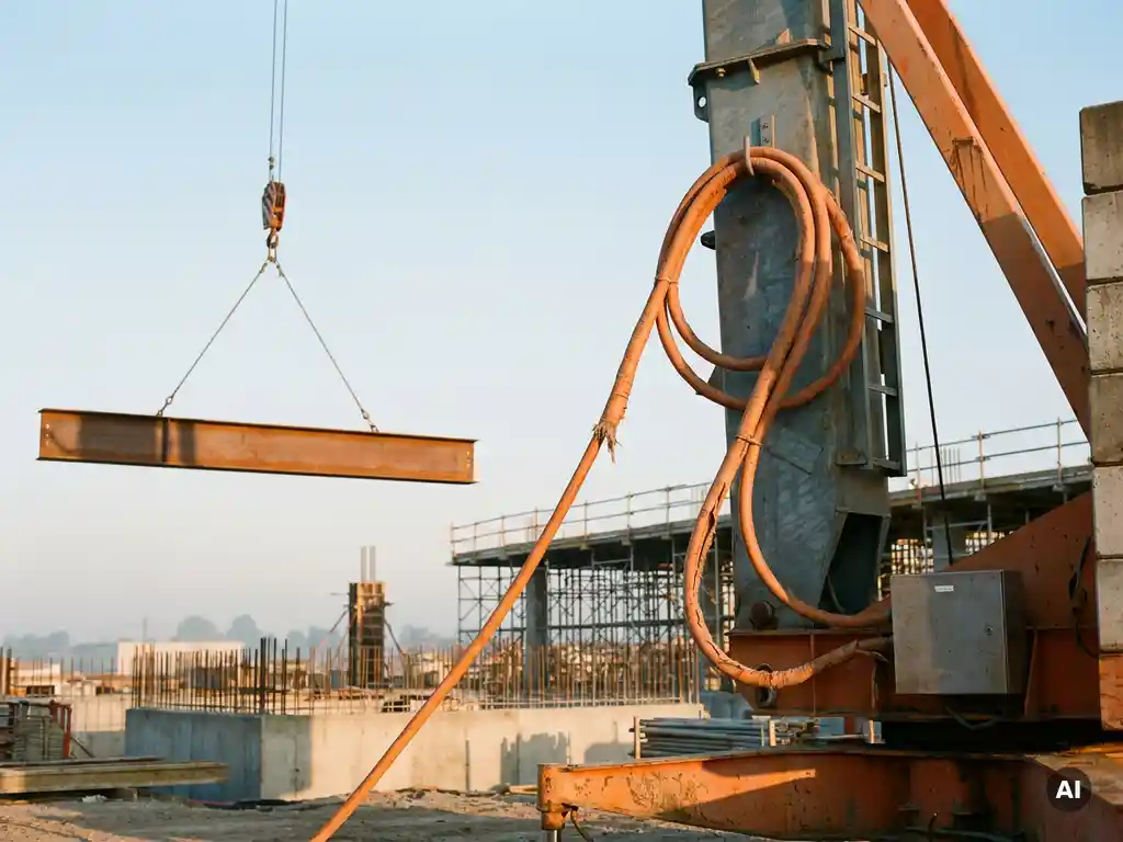 Elektrische bouwkraan met oranje stroomkabel tilt stalen balk op actieve bouwplaats, betonnen funderingen op de achtergrond.