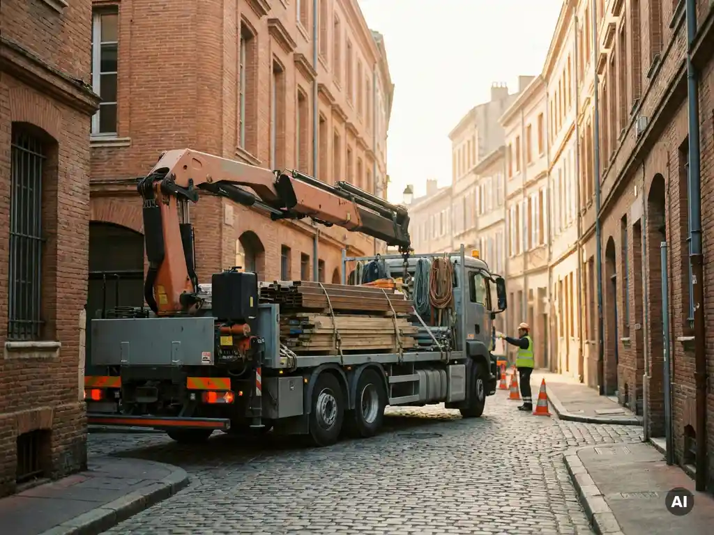 Zware kraanwagen op smalle kasseienstraat tussen historische bakstenen gevels, bouwmaterialen op laadbed, ochtendlicht.