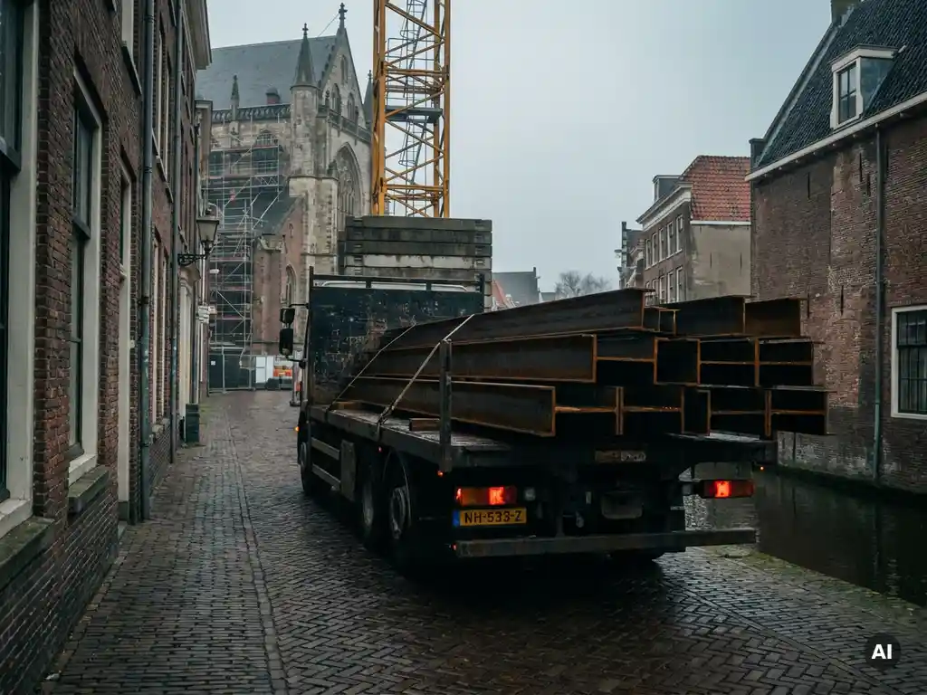 Vrachtwagen met stalen constructiebalkjes op smal Haarlems straatje bij kanaal, gele bouwkraan op de achtergrond.