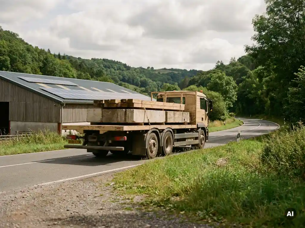 Zwaar beladen flatbedtruck met houten balken en betonblokken rijdt door groen landschap, zonnepanelen op nabijgelegen magazijn.