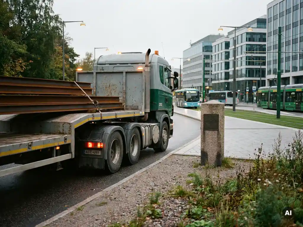 Zwaar dieplader met stalen constructiebalkjes nadert de grens van een emissievrije stad onder bewolkt daglicht.